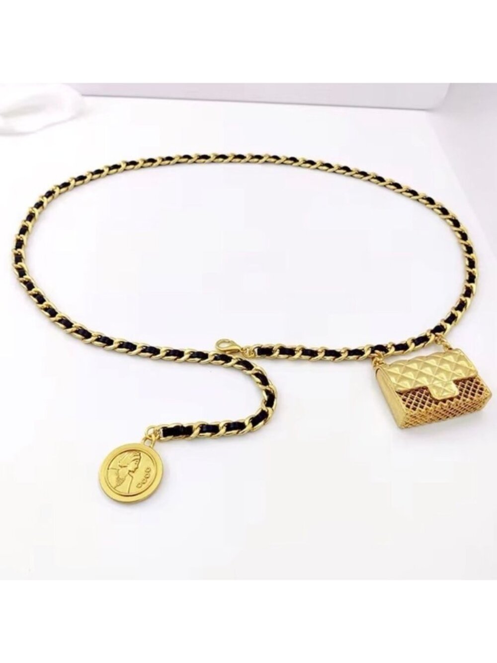 Anthro Black Gold Chain Belt With Designer Mini Charm Bag